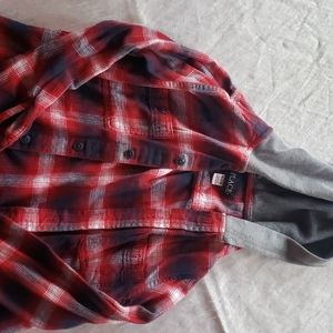 Children's Place Plaid flannel hooded button up. RWB, grey hood.
